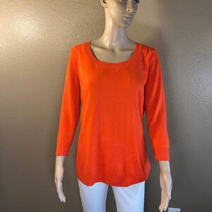 New York & Company Orange Scoop Neck 3/4 Sleeve Acrylic Knit Sweater Large